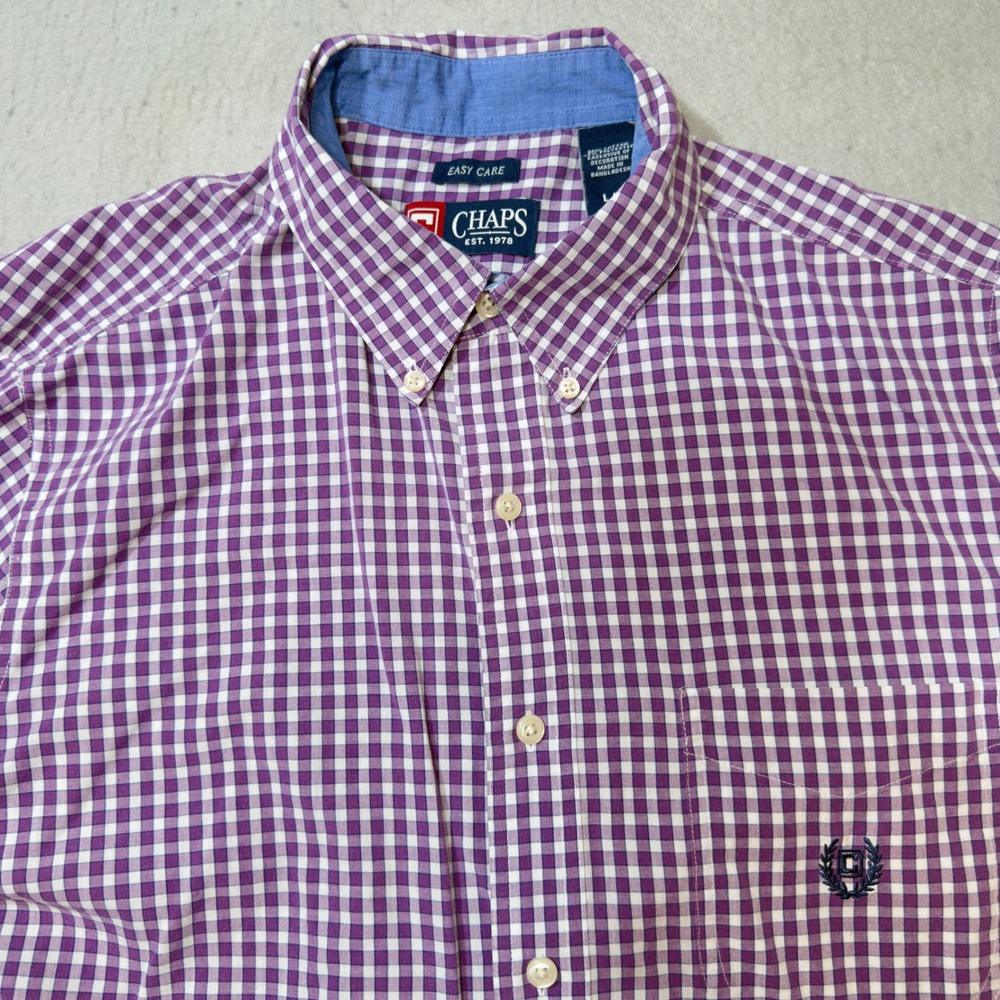 Chaps Button Down Shirt Mens Large Purple Gingham Short Sleeve Good Easy Care